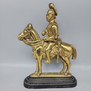 ANTIQUE BRASS SOLDIER ON HORSE BACK DOORSTOP Cast Iron Base HEAVY